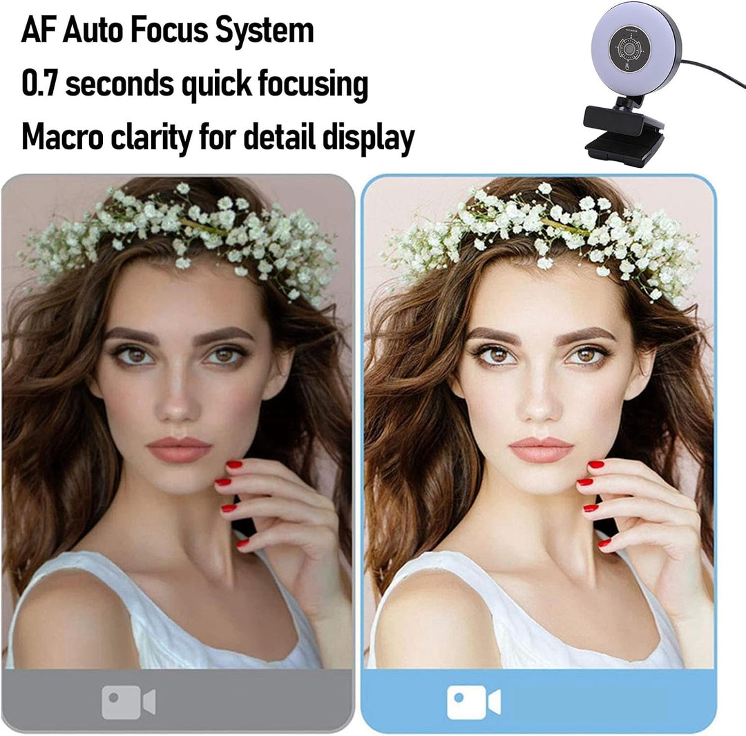 Webcam 4K mit Licht für PC USB 30FPS Webkamera mit Mikrofon AF Auto-Fokus, 3 Einstellbare Helligkeit