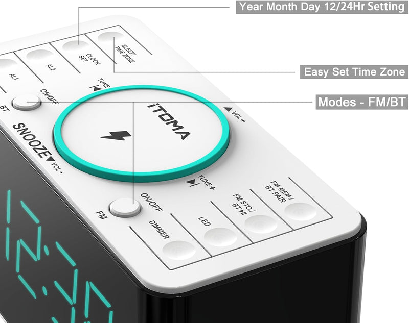 Radiowecker mit USB-Ladegerät, Bluetooth-Lautsprecher, Kabelloses Laden, Dual Wecker, LED Nachtlicht