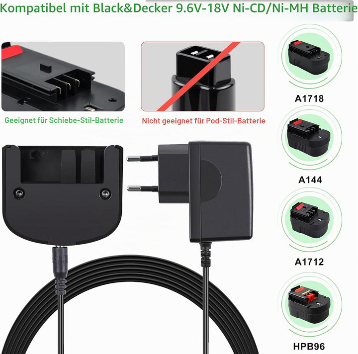 9.6V-18V Ladegerät für Black+Decker 9.6V 12V 14.4V 18V NI-MH/NI-Cd Akkus, für HPB12 HPB14 HBP18 A171