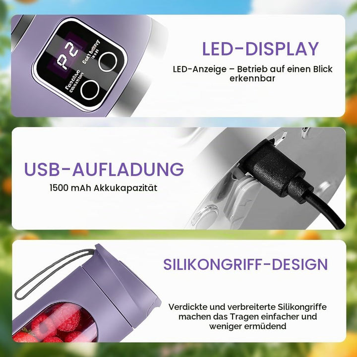 Tragbarer Mixer Smoothie Maker, 450ml USB Mini Mixer to Go mit Digitalanzeige, 12-Klingen Portable B