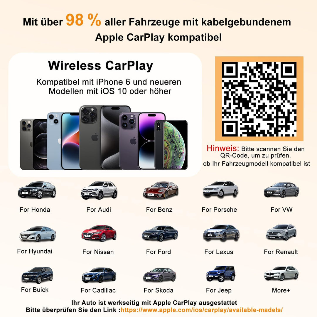 XHU Wireless CarPlay Adapter – Werkseitig Verkabeltes zu Wireless CarPlay, Plug and Play CarPlay Wir
