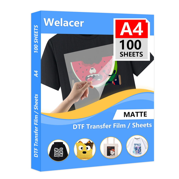 Welacer DTF Transferfolie Papier A4 (21cm x 29.7cm) 100 Blatt DTF Transfer Drucker für T-Shirt, klar