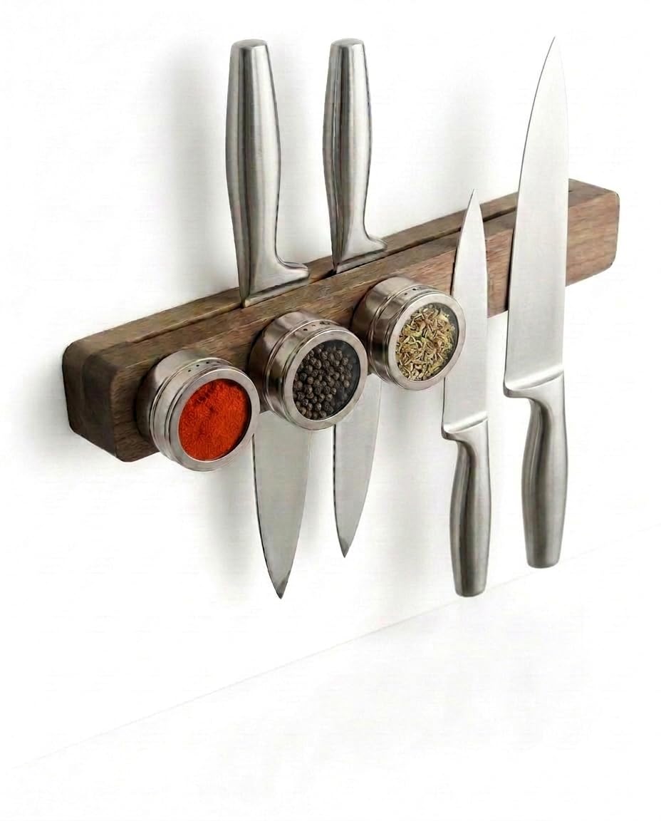 Magnetleiste Messer (41×7 cm) aus edlem aus Akazienholz – Messerhalter magnetisch für schwere Messer