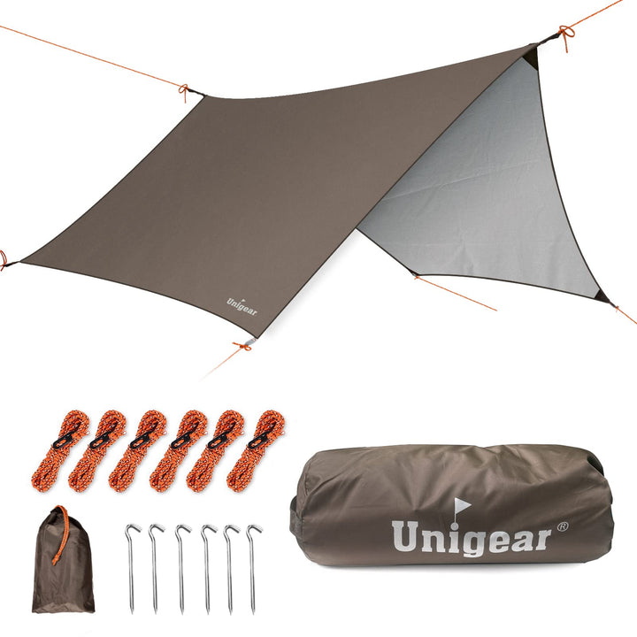 Unigear Zeltplane wasserdicht, 350x290cm/450x420cm sechseckig Tarp mit Ösen + 6 Aluminium Erdnägel+