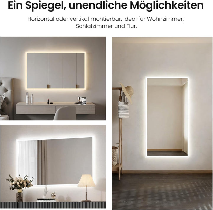Heilmetz Badspiegel mit Beleuchtung 120x60cm, LED Badezimmerspiegel mit 3000K Warmweisses und 6500K