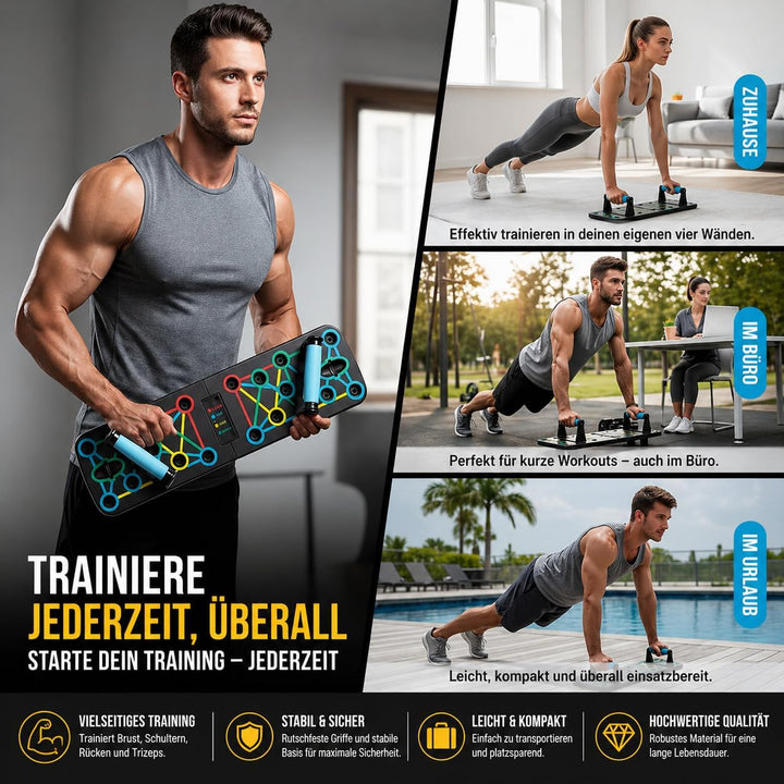 FUNFLEX Liegestützbrett 17-in-1 Push-Up Board – Faltbares Trainingsboard mit Griffen & Widerstandsbä