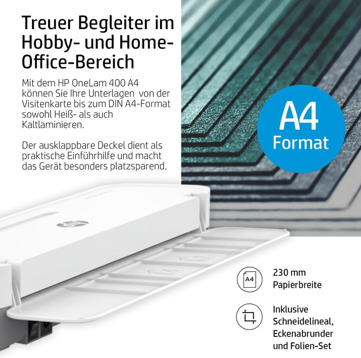HP OneLam 400 A4, Laminiergerät, 75/80 - 125 Micron, inklusive Schneidelinieal, Eckenabrunder und La