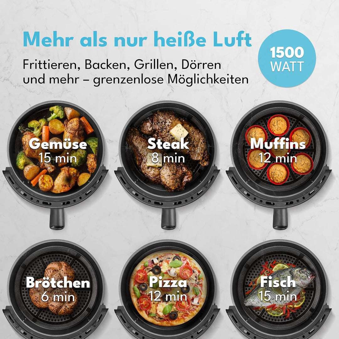LEBENLANG Heissluftfritteuse 5L & 1500W - Inkl. Rezeptbuch & 8 Programme I Ölfreie & Fettfreie Frite