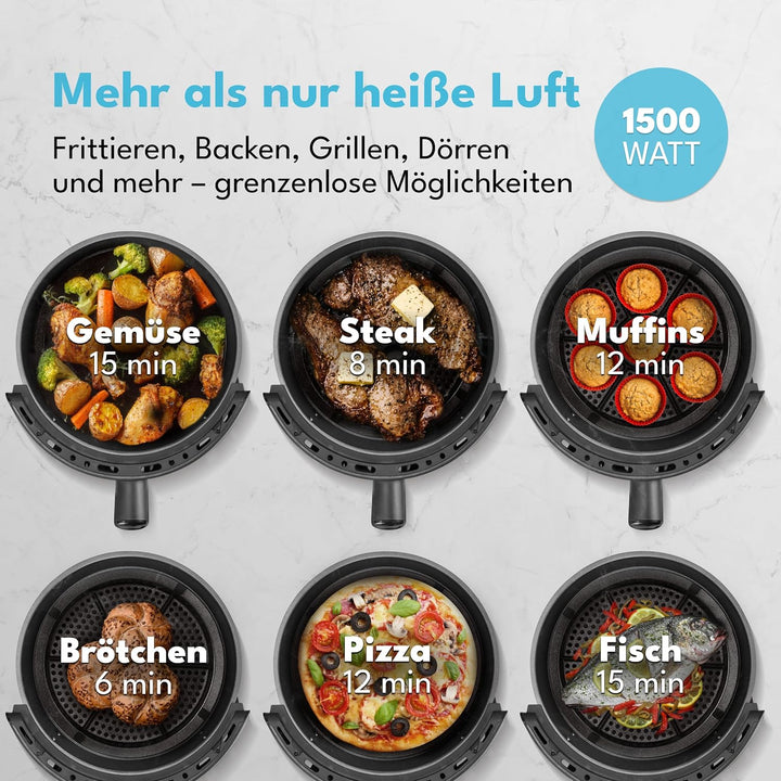 LEBENLANG Heissluftfritteuse 5L & 1500W - Inkl. Rezeptbuch & 8 Programme I Ölfreie & Fettfreie Frite
