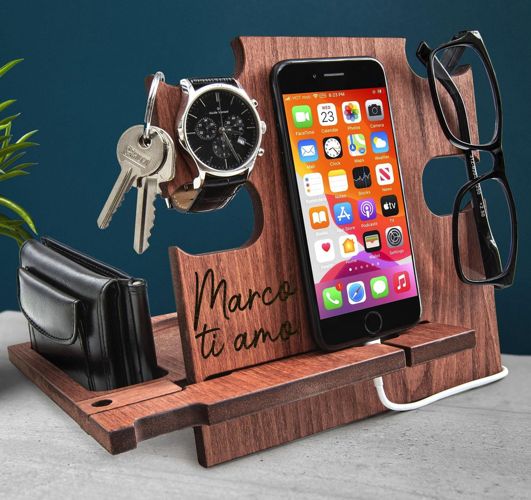 Personalized Gift for Him, Engraved Docking Station, Christmas Gift for Men - Smartphone Stand, Wood