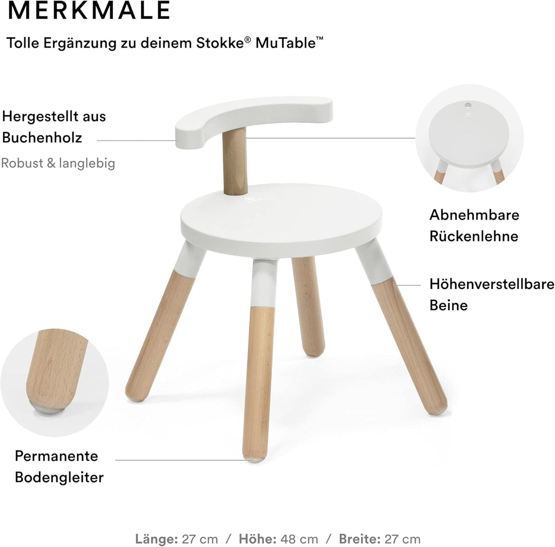Stokke MuTable Stuhl, White - 2023 Neugestaltung - Anpassbare Sitzhöhe & entfernbare Rückenlehne - H