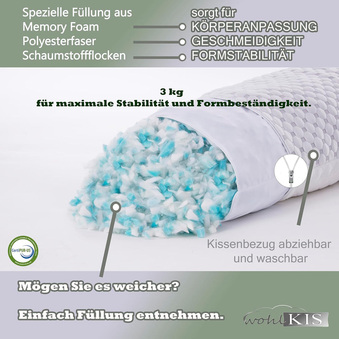 Seitenschläferkissen mit Bezug 40 x 145 cm - kühlendes Schwangerschaftskissen - Stillkissen mit Memo