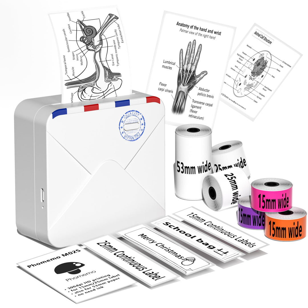 Phomemo M02S Mini-Thermodrucker-Set - Wireless Bluetooth Portable 300dpi HD-Druck mit wiederaufladba
