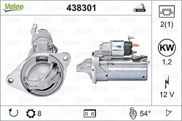 VALEO 438301 Starter Nennleistung: 1,2 kW Stop & Start: NO Zähnezahl: 8 zähne Spannung: 12 V Drehric