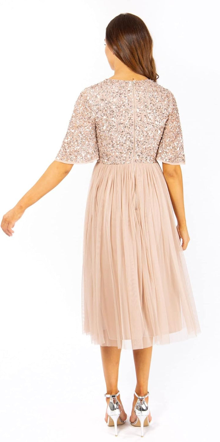 Maya Deluxe Damen Midi Abendkleid Cocktailkleid Abschlussball V-Ausschnitt Kurze Ärmel Tüllkleid Ele