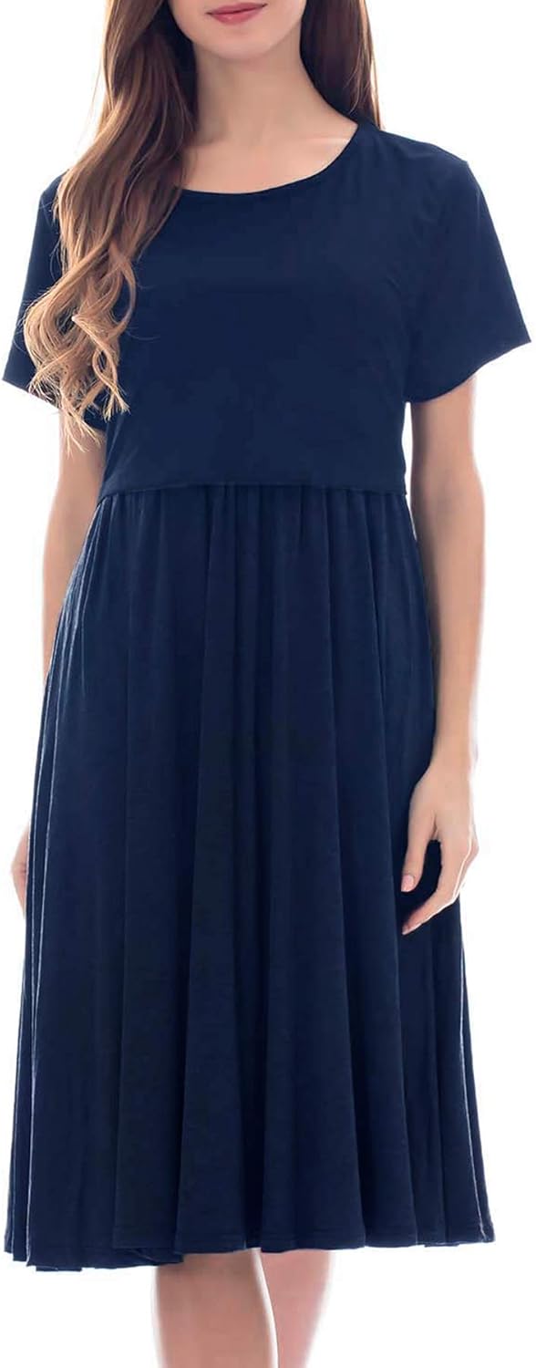 Smallshow Damen Lässiges Kurzarm Stillkleid Umstandskleid für Stillen Marine L, Marine L