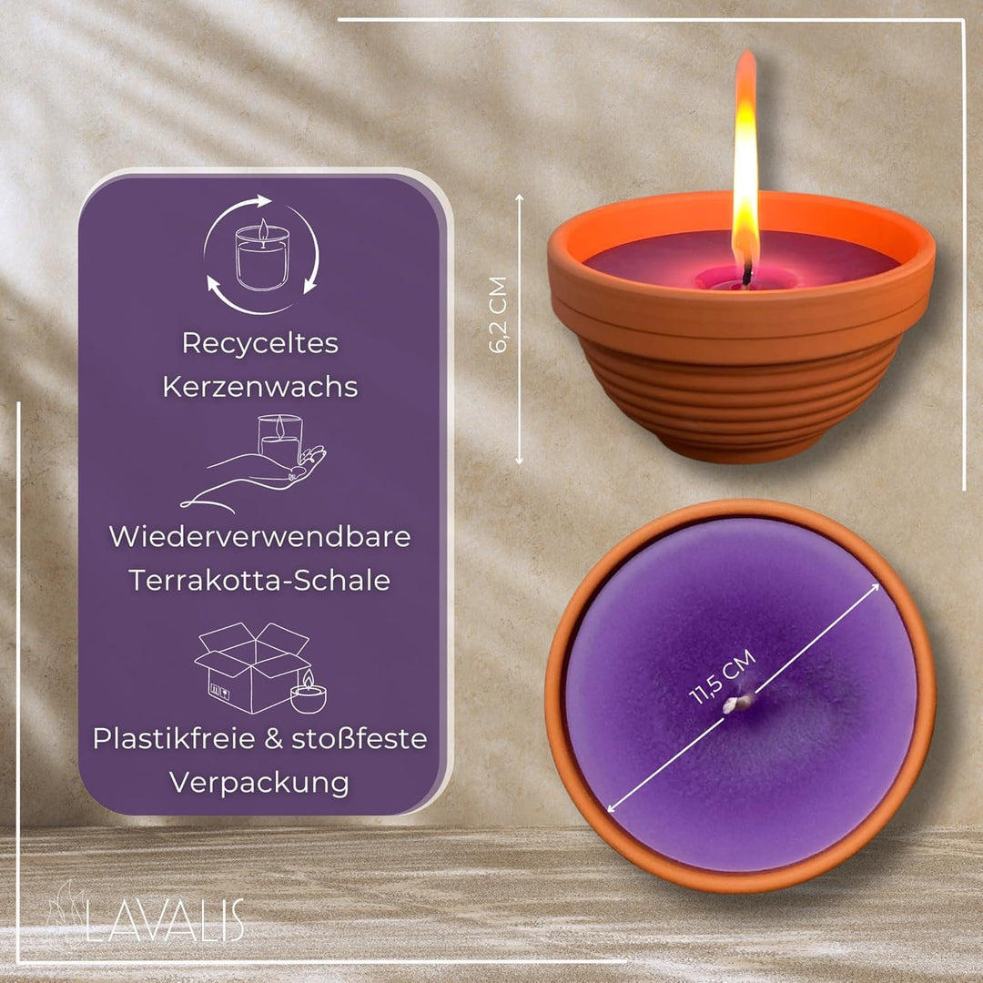 Lavalis 2X Lavendel Kerze mit Duft in Terrakotta-Schale, Alternative zu Citronella-Kerze, Handbefüll