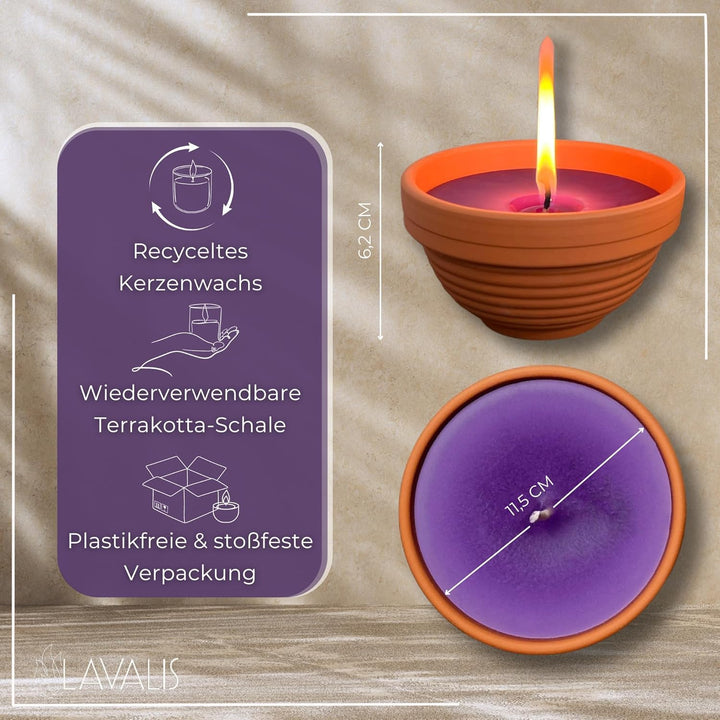 Lavalis 2X Lavendel Kerze mit Duft in Terrakotta-Schale, Alternative zu Citronella-Kerze, Handbefüll