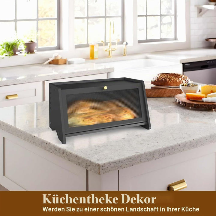 R S Trade Brotkasten Schwarz für Brotaufbewahrung, Brotkasten Bambus Holz Brotbox für Selbstgebacken