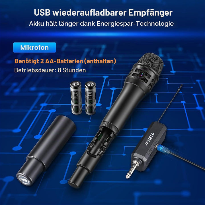 JAMELO Drahtloses Mikrofon, Dual Funkmikrofone und Empfänger, Professionelles UHF Handmikrofon Syste