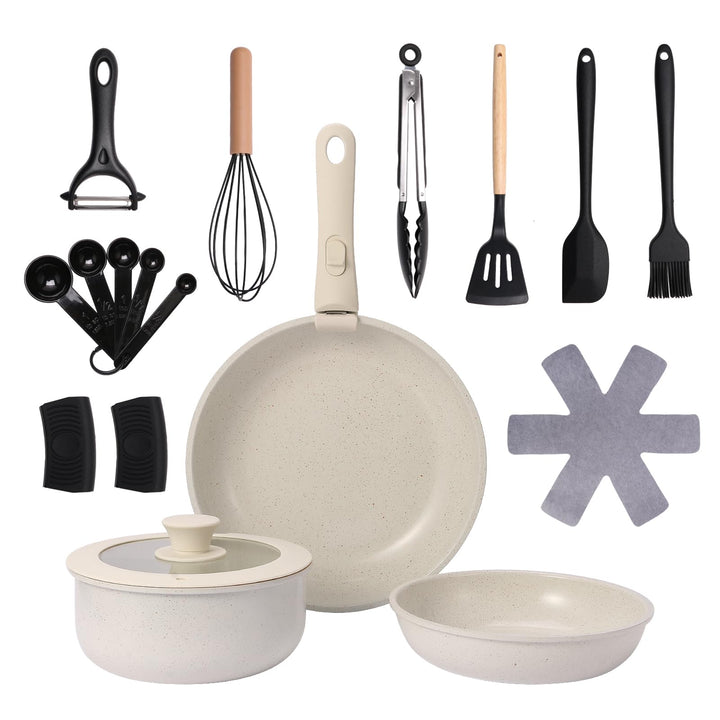 19-Piece Cream White Ceramic Cookware Set with Removable Handles – Non-Stick Frying Pan & Induction