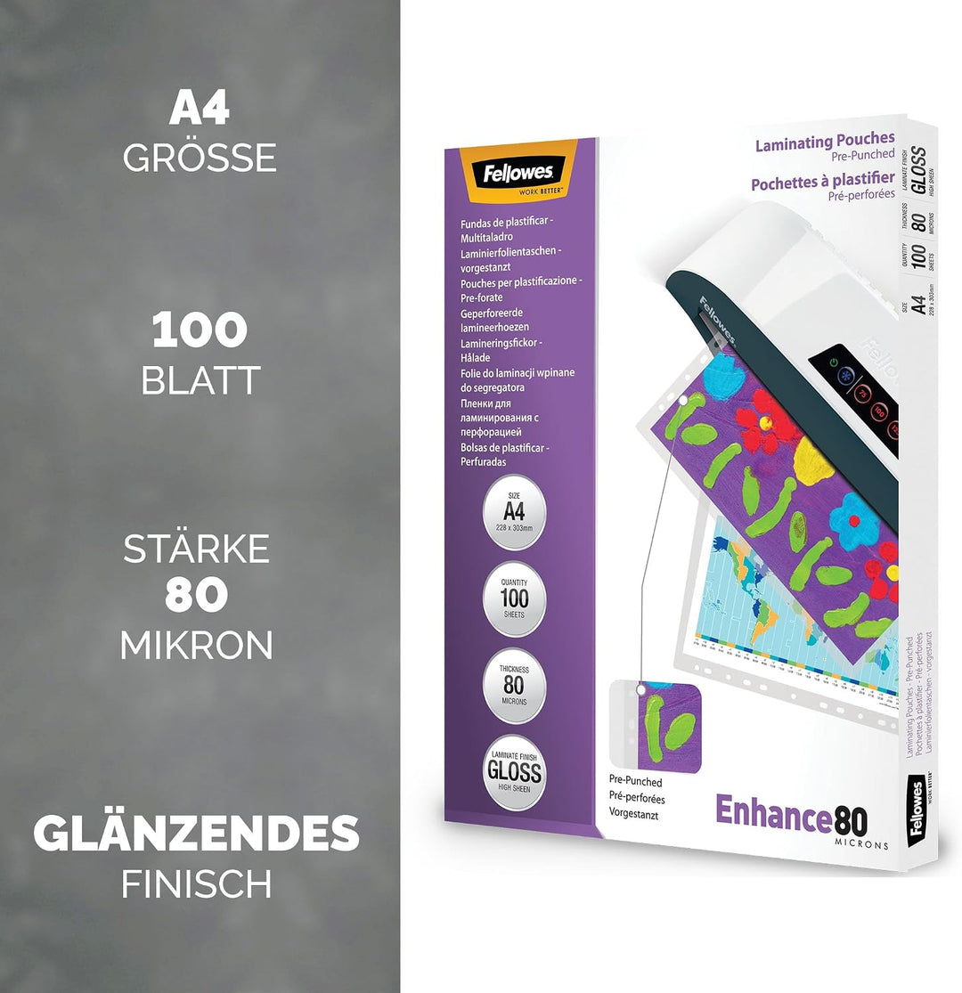 Fellowes Laminierfolien A4, 80 Mikron (2 x 80 mic), mit Lochung zum Einheften, glänzend, 100 Stück