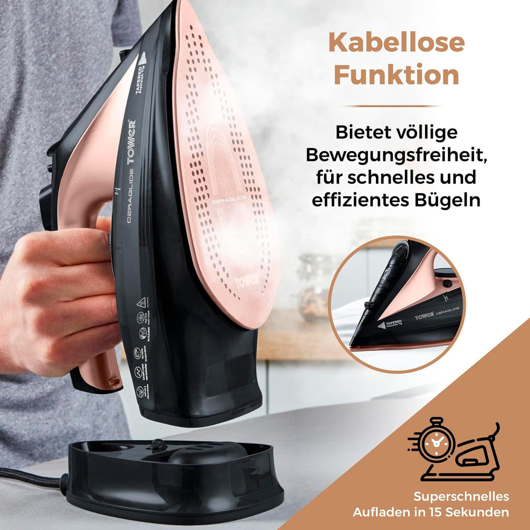 Tower T22008 CeraGlide Kabelloses Dampf Bügeleisen mit Keramiksohle - Dampfbügeleisen mit Variabler
