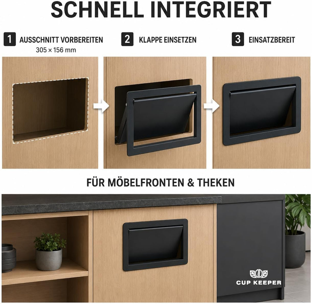 Müllklappe aus pulverbeschichtetem Stahl 350 × 200 mm zum Einbau | Schwarz | Ideal für Cafés, Restau