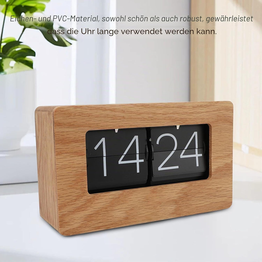 Qcwwy Flip-Uhr Retro mit Holzdesign, Automatische Klappmechanik Digitaluhr, Geräuschlose Tischuhr im