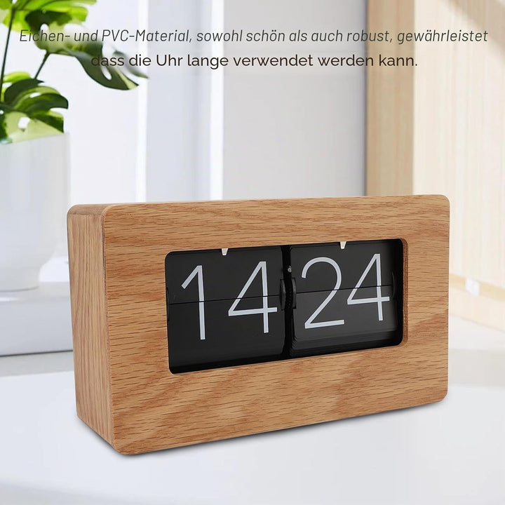 Qcwwy Flip-Uhr Retro mit Holzdesign, Automatische Klappmechanik Digitaluhr, Geräuschlose Tischuhr im