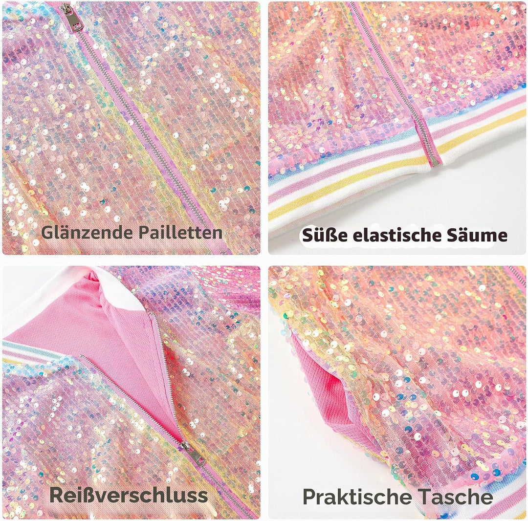 LOLANTA Mädchen Pailletten Bomberjacke mit Taschen Reissverschluss Langarm Glitzer Baseball Jacken f