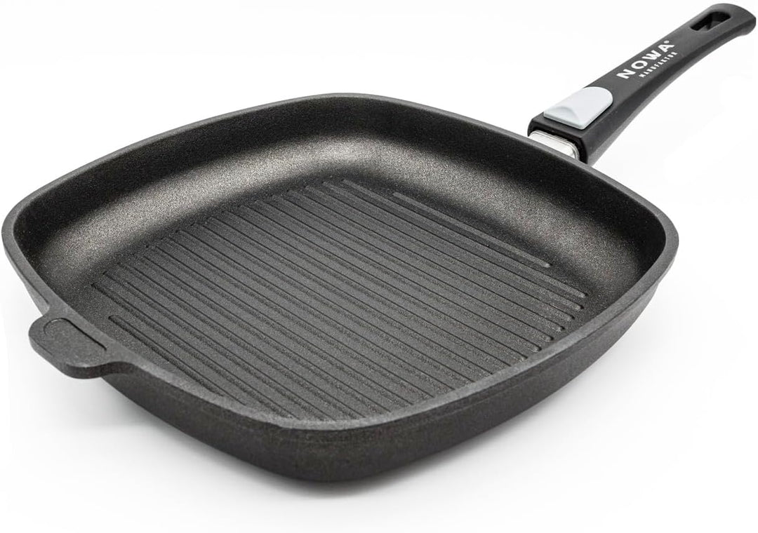 NOWA Aluguss Grillpfanne, LxBxH 28x28x4,5 cm, Abnehmbarer Griff, backofenfest bis 300 °C, Antihaft b