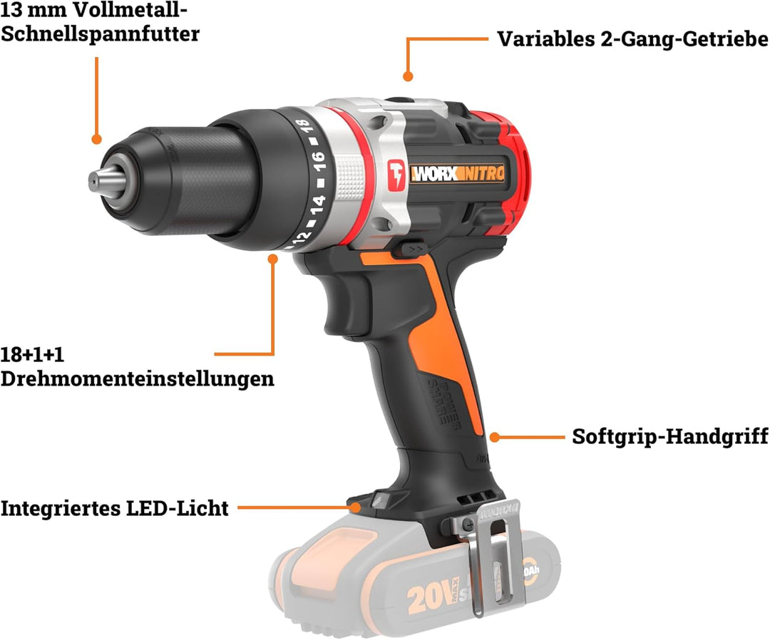 WORX Nitro WX354.9 Akku-Schlagbohrhammer 20V - bürstenloser Motor - 18 Drehmomenteinstellung + Bohre