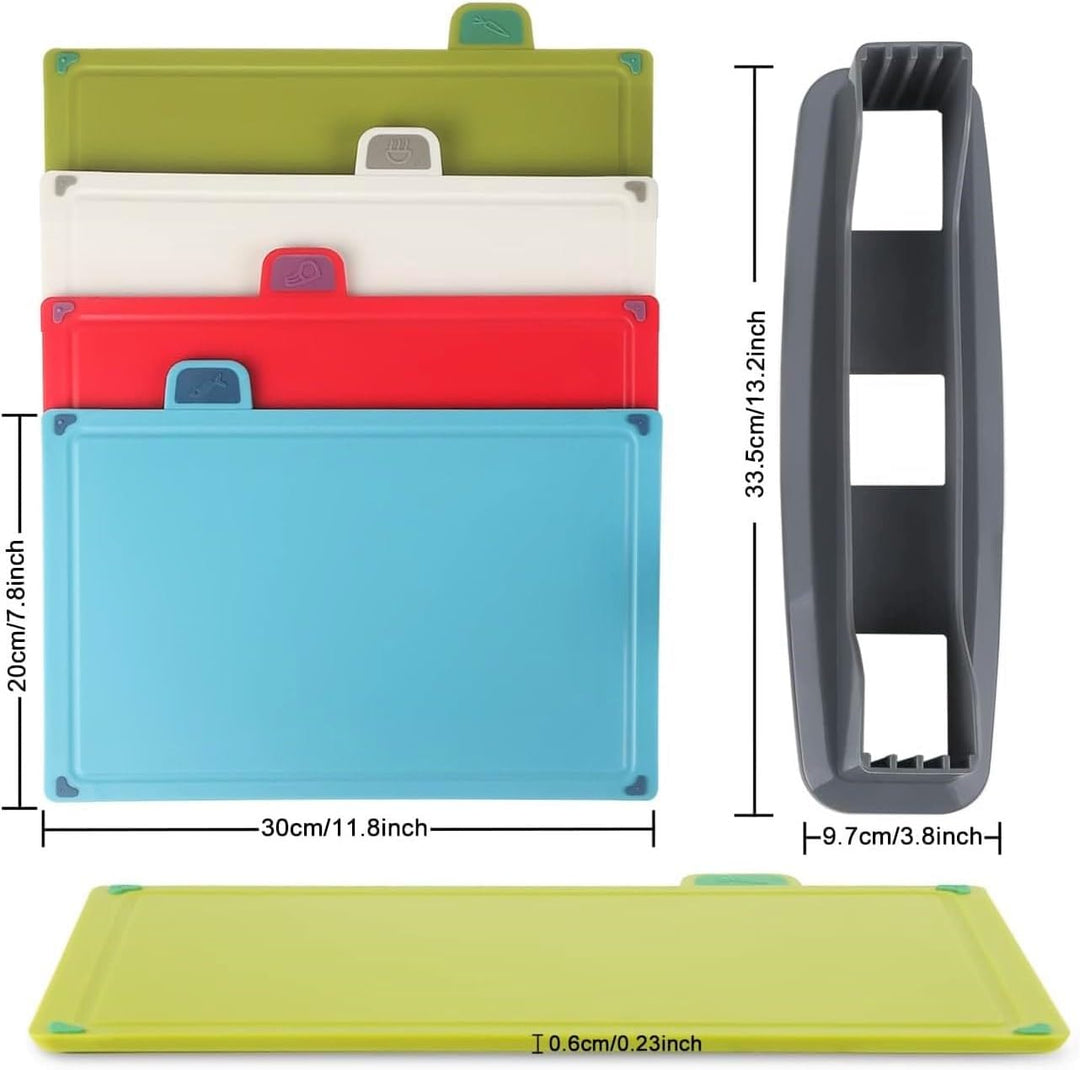 KAHEIGN 4Pcs Kunststoff Schneidebrett Set, 30 x 20CM Mehrfarbige Schneidebretter mit Ständer, BPA-fr
