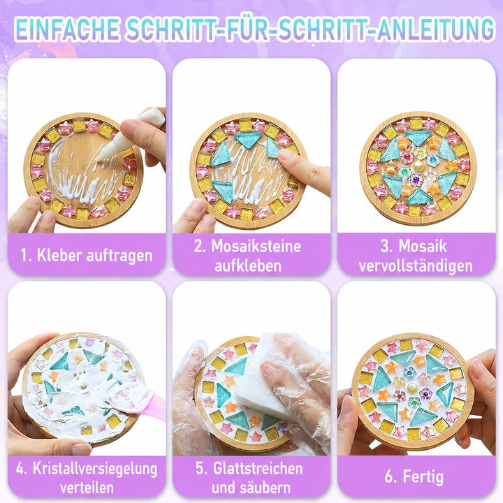 OGMBI 8er Set DIY Mosaik Bastelset Untersetzer, DIY Glasmosaik Set mit Bambus-Holzbasis für Erwachse