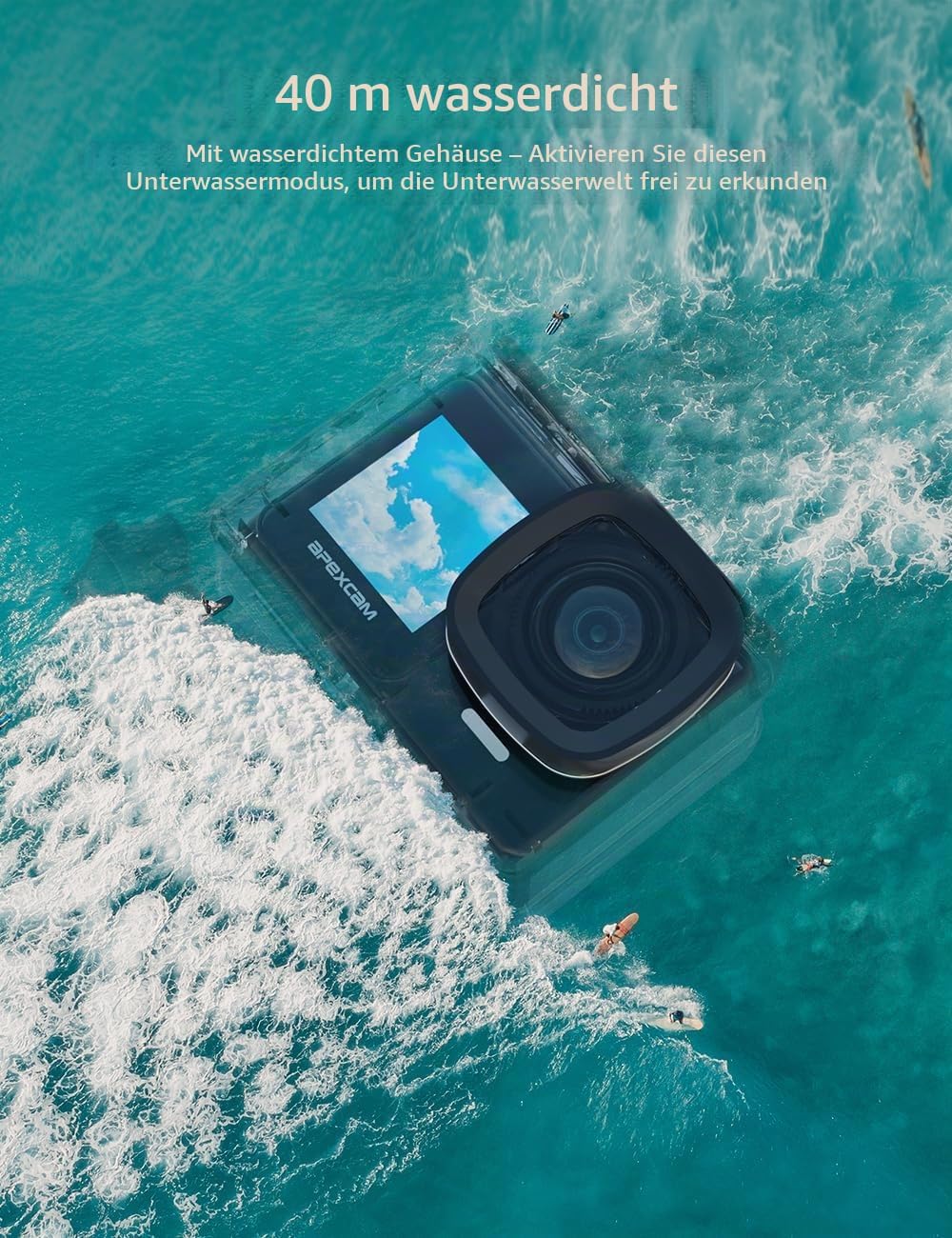 Apexcam 4K 30FPS 20MP Action Cam Dualscreen Touchscreen 40M wasserdichte Unterwasserkamera EIS Stabi