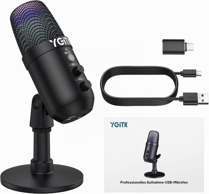 YGiTK USB-Kondensatormikrofon, Mikrofon für PS4 PS5 Gaming, Mikrofon mit Dynamisches RGB Effekt, Stu