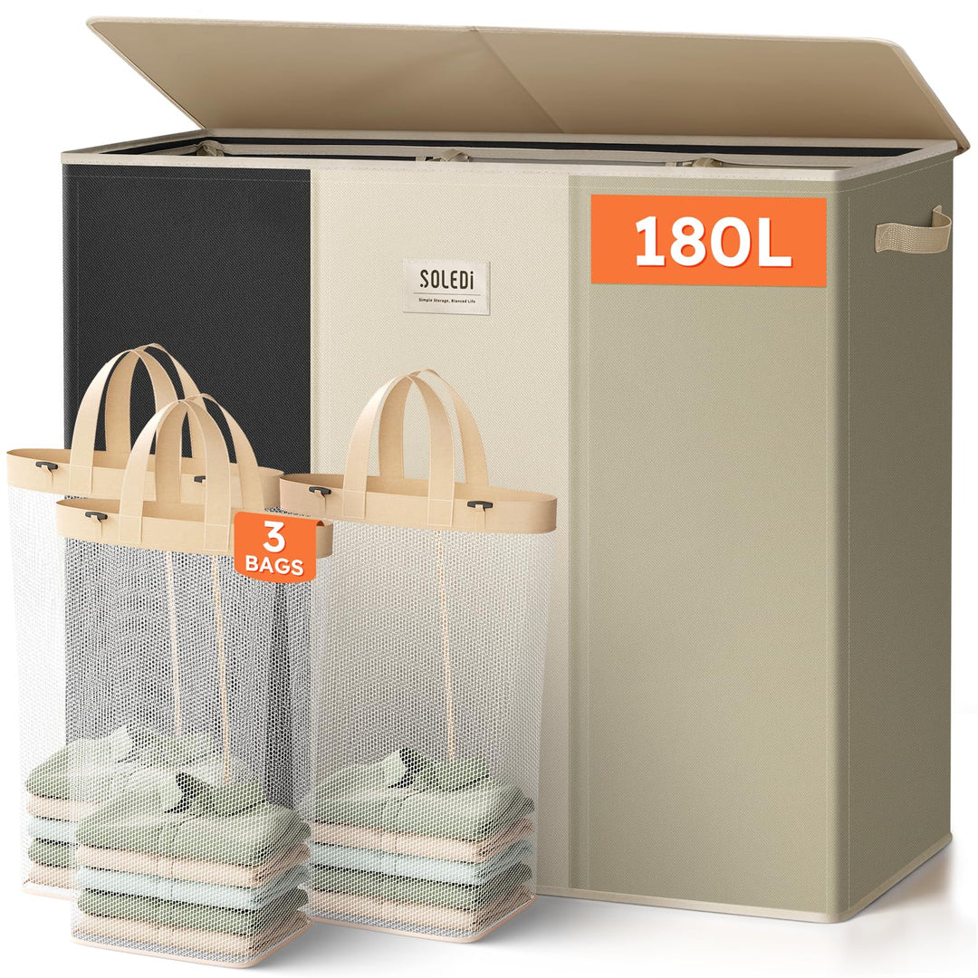 SOLEDI 180L Wäschekorb, Wäschesammler 3 fächer mit Deckel und 3 Wäschesack - Wäschesortierer Gross X