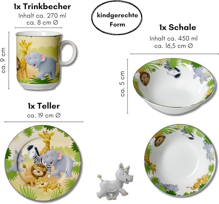 Kindergeschirr-Set Afikatiere, 3-teilig, Weiss mit Grünen Akzenten