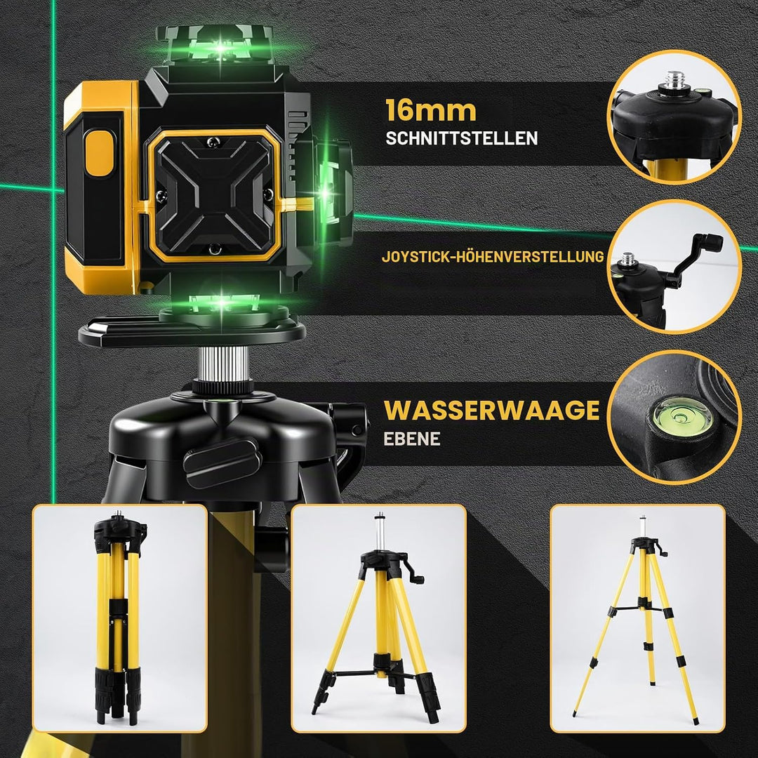 Kreuzlinienlaser 16 Linien mit Stativ, 4 x 360 °Laser Wasserwaage, Grün Linienlaser Kreuzlaser Selbs