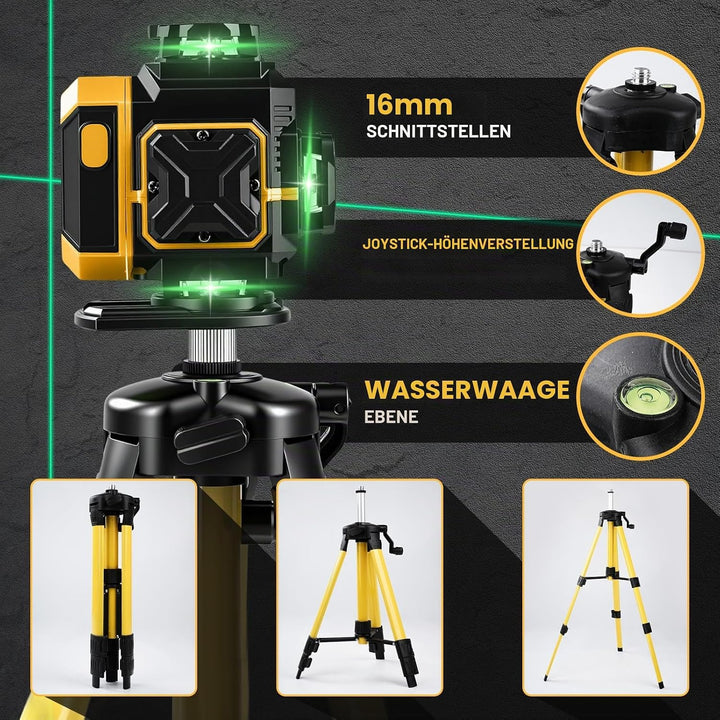 Kreuzlinienlaser 16 Linien mit Stativ, 4 x 360 °Laser Wasserwaage, Grün Linienlaser Kreuzlaser Selbs