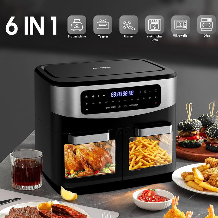 Iceagle Heissluftfritteuse 2 kammern Airfryer 12L - 2600W Heissluftfriteuse XXL mit Sichtfenster | F