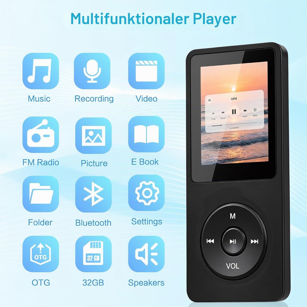 32GB MP3 Player Bluetooth 5.1 mit Lautsprecher, mit 1,8" TFT-Farbbildschirm, Kopfhörer, MP3 Player M