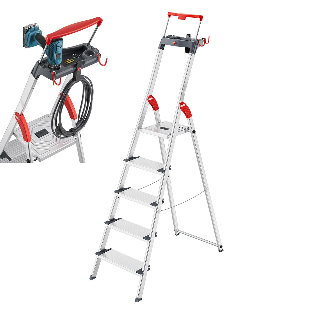 Hailo L84 ComfortLine Alu-Sicherheits-Stehleiter - 5 XXL-Stufen belastbar bis 150 kg - Tiefe Standfl