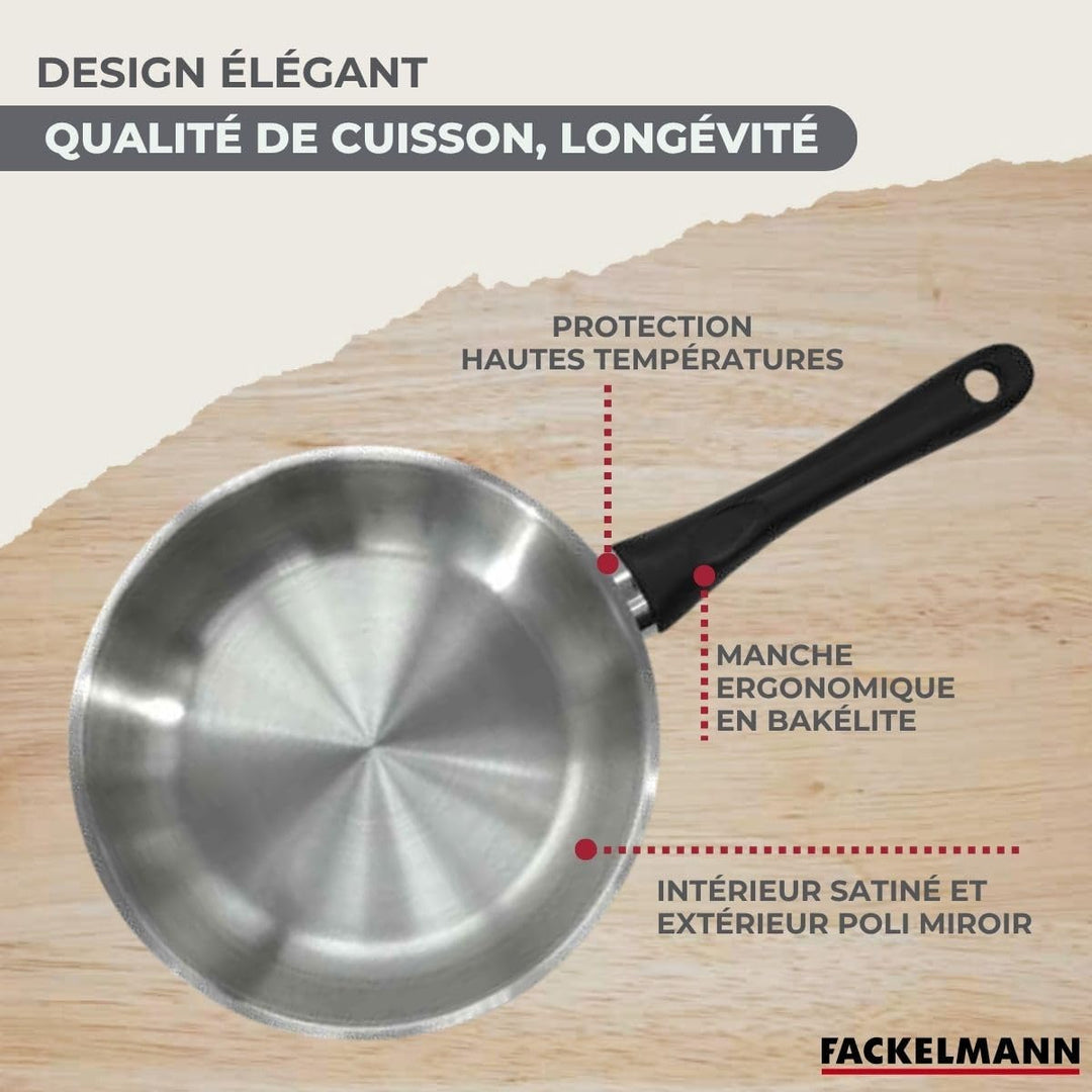 Fackelmann 9445250 Pfannen-Set, 3-teilig, 20, 24 und 28 cm, aus Edelstahl 18/8, 6 Küchenutensilien,