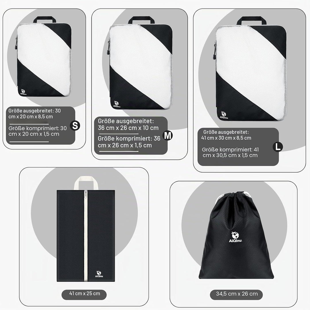 AiQInu Packing Cubes Compression, 5 Stück Packtaschen Kompression Koffer Organizer Set mit Wäschebeu