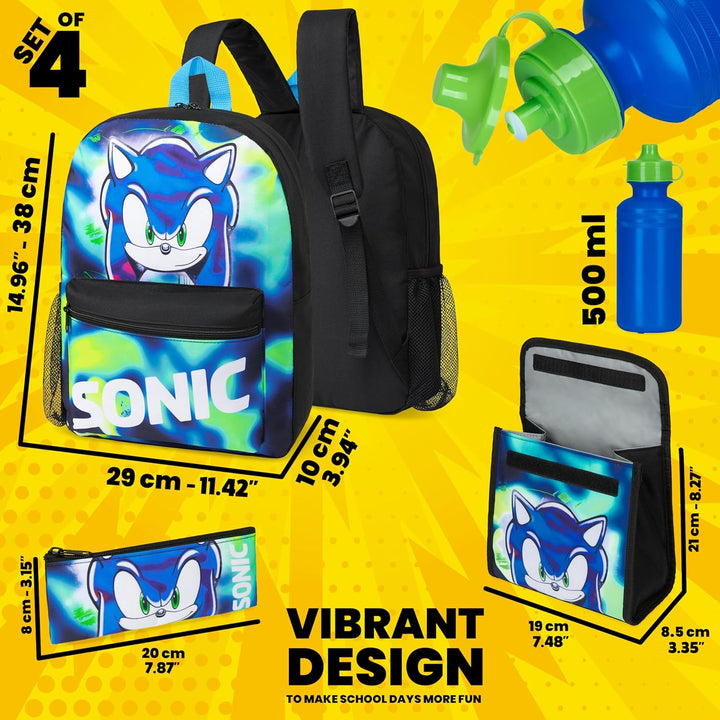 SONIC THE HEDGEHOG Schulrucksack Jungen Set, 4 STK. Rucksack Kinder Set Shadow Knuckles Trinkflasche