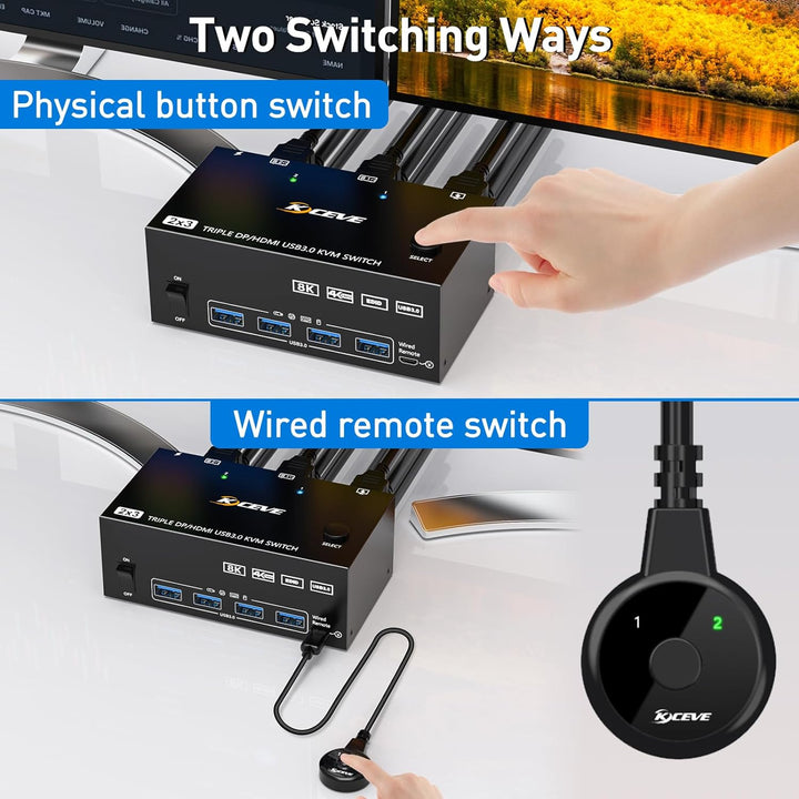 KCEVE KVM Switch 2 Computer 3 Monitore, USB 3.0 KVM Umschalter HDMI + DisplayPort, 8K@60Hz/4k@144Hz