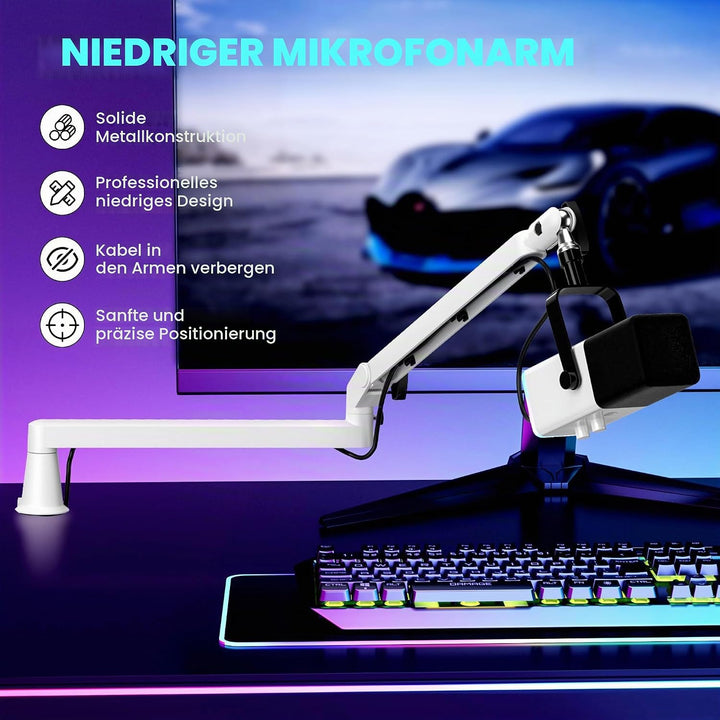 Mikrofonarm Niedrigprofil mit 15cm Verlängerung, Verstellbarer Mikrofonarm aus Metall, Kabelmanageme