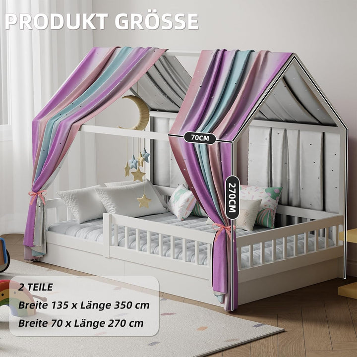 Hausbett Himmel, 2er Set Regenbogen Betthimmel Hausbett – mit ausgestanzten Sternen, Stoffhimmel für